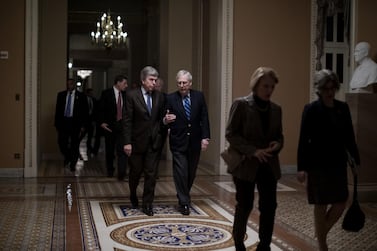 Senate Majority Leader Mitch McConnell, a Republican from Kentucky, centre right, speaks with Senator Roy Blunt, a Republican from Missouri. Bloomberg