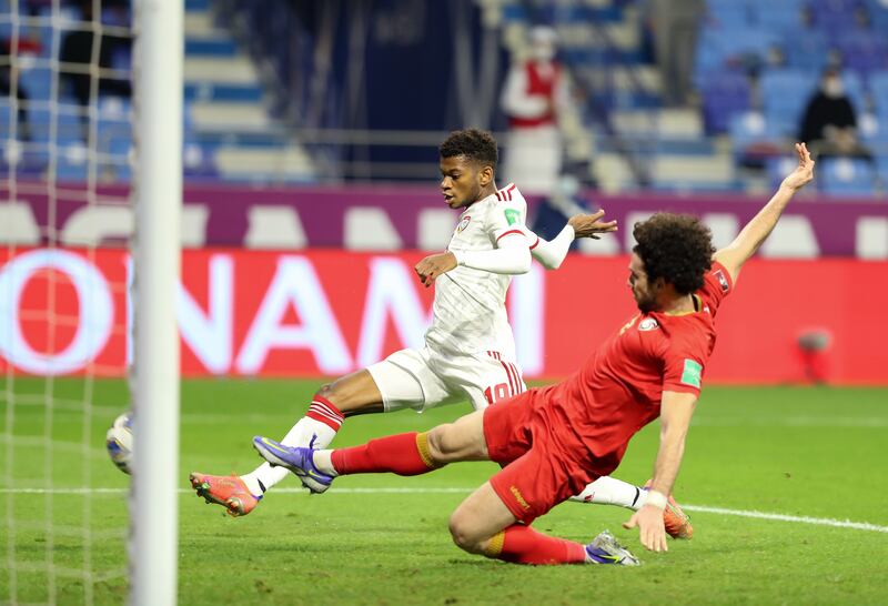 Yahya Al Ghassani scores UAE's second goal in their 2-0 win over Syria in the World Cup qualifier at Al Maktoum Stadium in Dubai on Thursday, January 27. Chris Whiteoak / The National