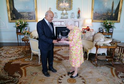 During an audience at Buckingham Palace, Magdi Yacoub is presented with the Insignia of a member of the Order of Merit in 2014, the highest honour in the gift of Queen Elizabeth II. Getty Images