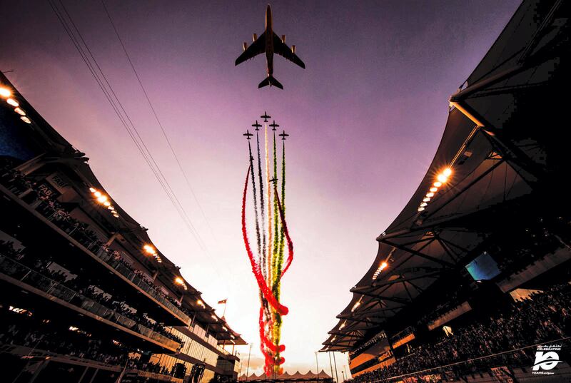 Everyone loves a fly past! It’s now a tradition that with 15 minutes until lights out an Etihad Airbus 380 is escorted by the Al Fursan  aerobatic display team. A suitably stunning purple-hued sky provided a visually arresting scene for the 2017 show.