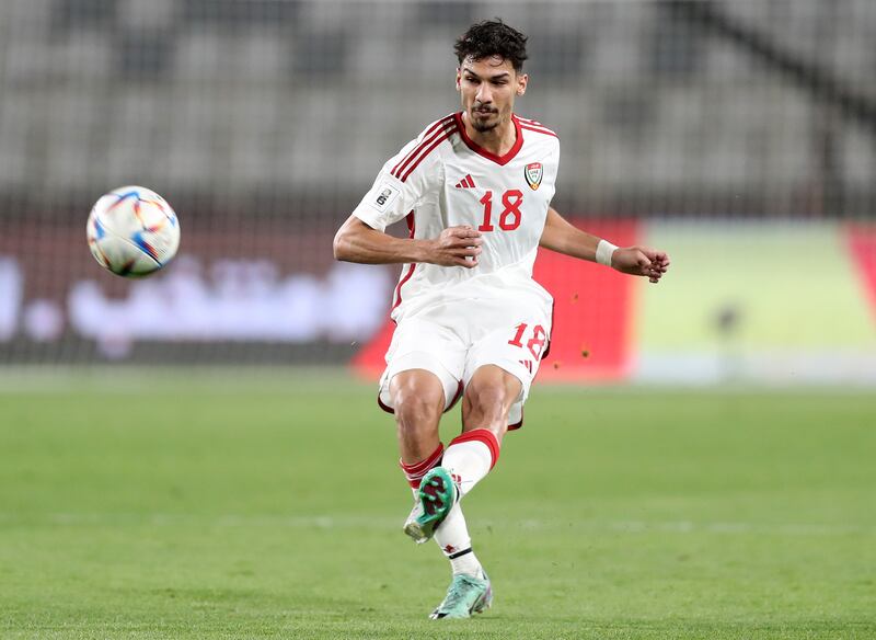 Bader Nasser of the UAE in action during the World Cup qualifier against Yemen at Al Nahyan Stadium, Abu Dhabi. Chris Whiteoak / The National