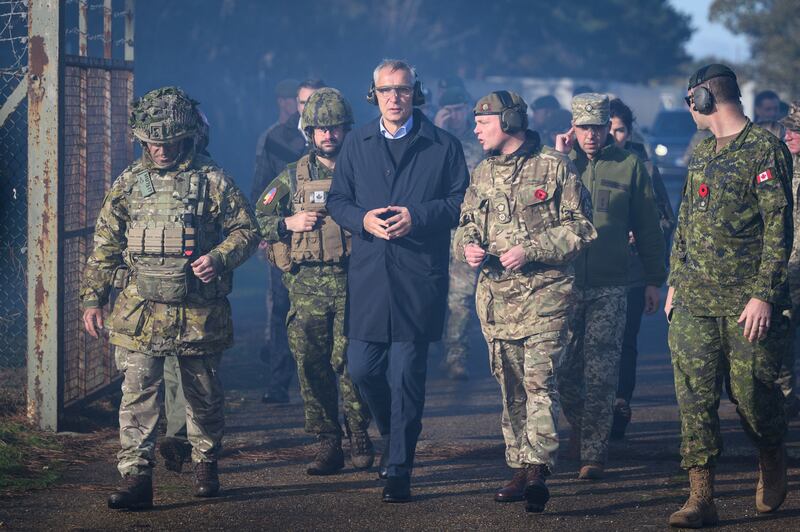 Nato chief Jens Stoltenberg visits Ukrainian troops undergoing training in the UK. Getty