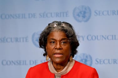 New US Ambassador to the United Nations, Linda Thomas-Greenfield speaks after meeting with UN Secretary-General Antonio Guterres at the United Nations in New York City, US, on February 25, 2021. Reuters
