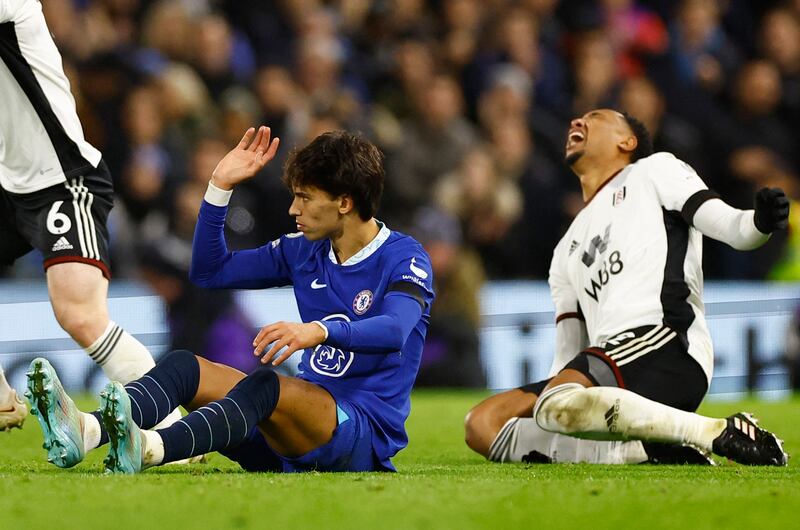 Chelsea's Joao Felix was shown a red card on his debut for a tackle on Fulham's Kenny Tete during the Blues' 2-1 Premier League defeat at Craven Cottage on January 12, 2023. Action Images