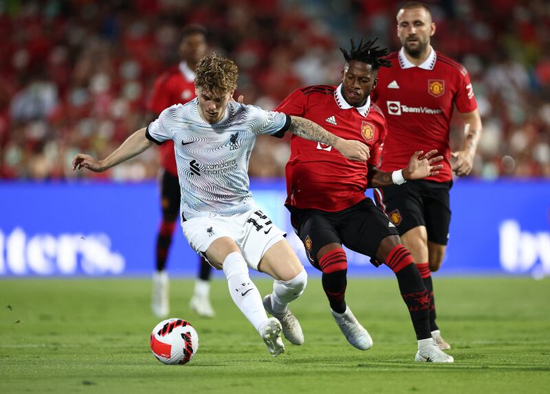 Liverpool's Harvey Elliott in action with Manchester United's Fred. Reuters