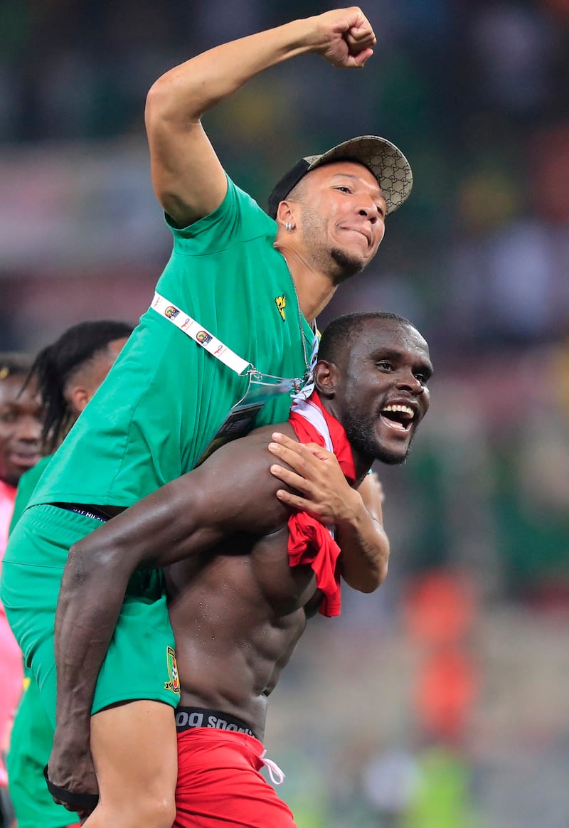 Cameroon's Michael Ngadeu-Ngadjui celebrates after the win over Gambia. Reuters