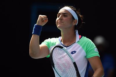 Tunisia's Ons Jabeur celebrates after a victory against China's Wang Qiang during their women's singles match on day seven of the Australian Open tennis tournament in Melbourne on January 26, 2020. IMAGE RESTRICTED TO EDITORIAL USE - STRICTLY NO COMMERCIAL USE
 / AFP / Greg Wood / IMAGE RESTRICTED TO EDITORIAL USE - STRICTLY NO COMMERCIAL USE
