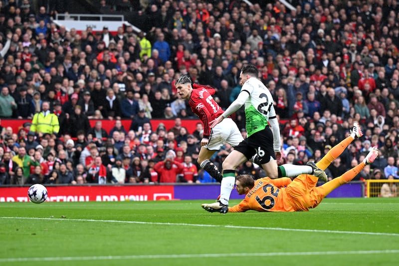Alejandro Garnacho of Manchester United scores a goal that was later ruled out for offside. Getty Images