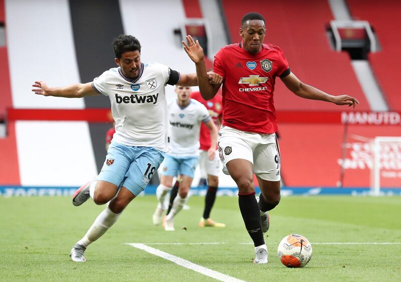 Anthony Martial of Manchester United in action against Pablo Fornals of West Ham. EPA