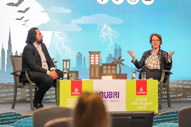 Journalist and author Sara Gay Forden at her Emirates Airline Festival of Literature talk, moderated by Mustafa Alrawi, assistant editor in chief at 'The National'. Photo: Emirates Airline Festival of Literature