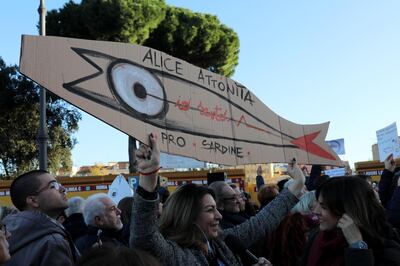 ROME, ITALY - DECEMBER 14: as demonstrators take part in a gathering by the left-wing, anti-Salvini 'Sardine Movement,' in Piazza San Giovanni in Latrerano on December 14, 2019 in Rome, Italy.
Italy's "Sardine Movement formed to oppose the far-right League party, was launched earlier this year by four relatively unknown youths who believe the anti-immigration League party led by Matteo Salvini represents hate and exclusion. Since then, the youth-driven movement has grown, causing demonstrators to pack crowded events like canned sardines, with the sardine becoming a symbol of protest against Salvini, a former interior minister. (Photo by Marco Di Lauro/Getty Images)