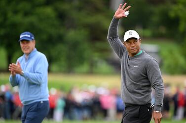 LIMERICK, IRELAND - JULY 05: Tiger Woods of the USA waves to the crowd on the 18th green during Day Two of the JP McManus Pro-Am at Adare Manor on July 05, 2022 in Limerick, Ireland. (Photo by Ross Kinnaird / Getty Images)