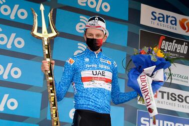 UAE Team Emirates rider Tadej Pogacar after winning the Tirreno Adriatico on Tuesday, March 16. AFP