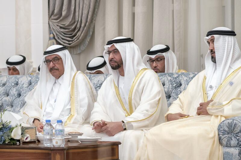 ABU DHABI, UNITED ARAB EMIRATES - August 21, 2018: (L-R) HH Sheikh Hamdan bin Rashid Al Maktoum, Deputy Ruler of Dubai and UAE Minister of Finance, HH Sheikh Hamdan bin Zayed Al Nahyan, Ruler’s Representative in Al Dhafra Region, and HE Mohamed Mubarak Al Mazrouei, Undersecretary of the Crown Prince Court of Abu Dhabi, attend an Eid Al Adha reception at Mushrif Palace. 

(Rashed Al Mansoori / Crown Prince Court - Abu Dhabi )
---