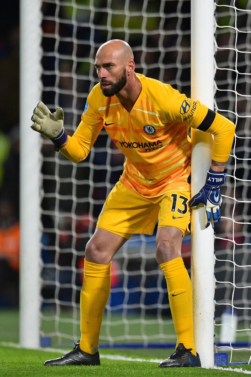 Chelsea's Argentinian goalkeeper Willy Caballero looks on during the English Premier League football match between Chelsea and Manchester United at Stamford Bridge in London on February 17, 2020. (Photo by Glyn KIRK / AFP) / RESTRICTED TO EDITORIAL USE. No use with unauthorized audio, video, data, fixture lists, club/league logos or 'live' services. Online in-match use limited to 120 images. An additional 40 images may be used in extra time. No video emulation. Social media in-match use limited to 120 images. An additional 40 images may be used in extra time. No use in betting publications, games or single club/league/player publications. / 