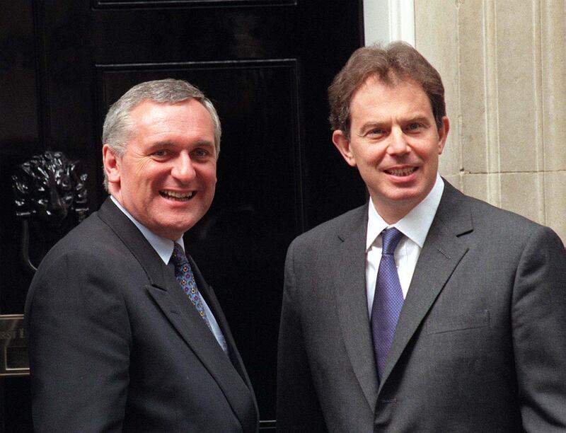 Mr Blair greets Mr Ahern at Downing Street, London, in July 1997. PA