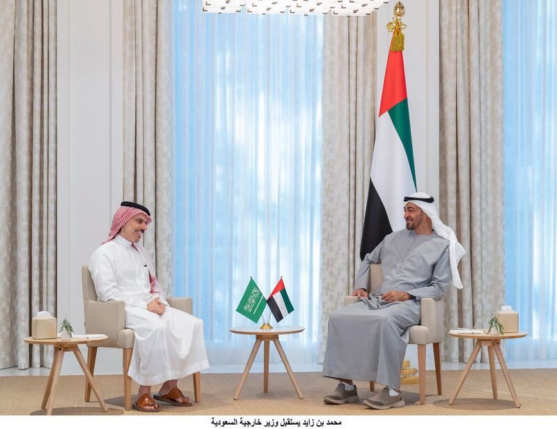 ABU DHABI, UNITED ARAB EMIRATES - May 01, 2021: HH General Sheikh Mohamed bin Zayed Al Nahyan Crown Prince of Abu Dhabi Deputy Supreme Commander of the UAE Armed Forces (R) meets with Prince Faisal bin Farhan, Foreign Minister of Saudi Arabia (L), at Al Shati Palace.

( Mohamed Al Hammadi / Ministry of Presidential Affairs )
---