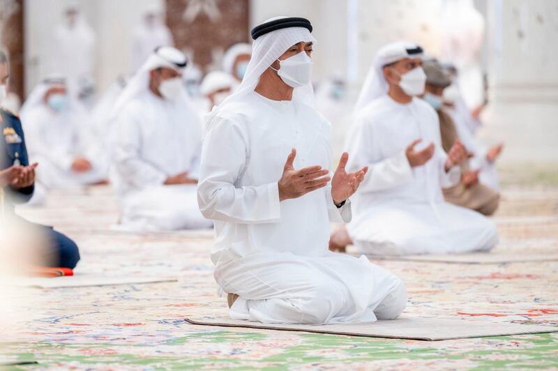 ABU DHABI, UNITED ARAB EMIRATES - May 13, 2021: HH Sheikh Mohamed bin Zayed Al Nahyan, Crown Prince of Abu Dhabi and Deputy Supreme Commander of the UAE Armed Forces (C), attends Eid Al Fitr prayers at the Sheikh Zayed Grand Mosque. 

( Hamad Al Kaabi / Ministry of Presidential Affairs )​
---