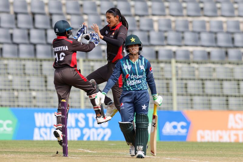 Mahika Gaur of UAE celebrates the wicket of Sidra Amin of Pakistan during the Women’s T20 Asia Cup 2022 matcg at the Sylhet International Cricket Stadium, Sylhet, Bangladesh on October 9, 2022. All photos: Asian Cricket Council 