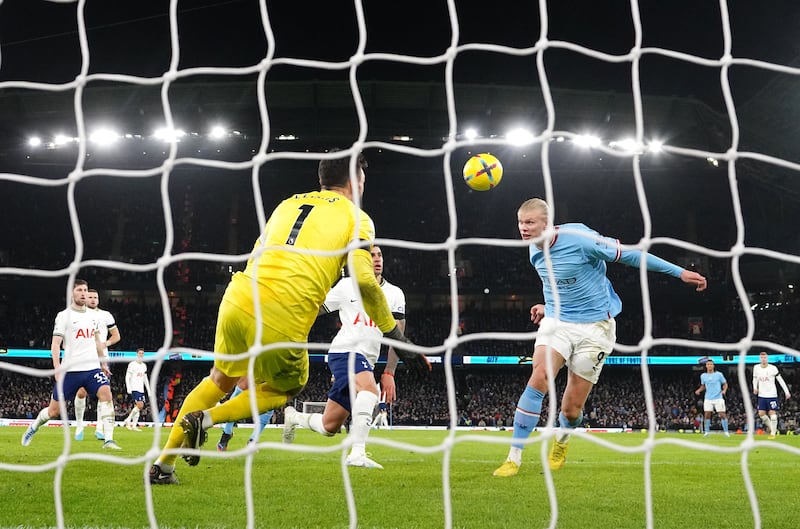 28) Haaland heads City's second in the 4-2 Premier League win against Tottenham at the Etihad Stadium on January 19, 2023. PA