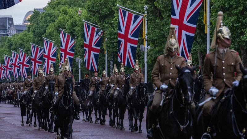 Mounted troops take part in a rehearsal for the Queen's Platinum Jubilee pageant. Getty Images