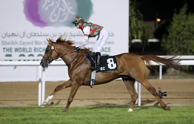 ABU DHABI , UNITED ARAB EMIRATES , November 9  ��� 2018 :- Harrab (FR) ridden by Esther Weissmeier ( no 8  ) won the 4th race 1600m at the Abu Dhabi Equestrian Club in Abu Dhabi. ( Pawan Singh / The National ) For Sports. Story by Amith