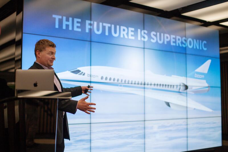 Dubai, United Arab Emirates, April 25h, 2017. The XB-1 Supersonic Demonstrator aircraft presented by Blake Scholl, Founder of
Boom. The event was taking place in Emirates Towers in Dubai. Anna Nielsen for The National. *** Local Caption ***  25.04.17XB1Supersonic_AnnaNielsen09.JPG