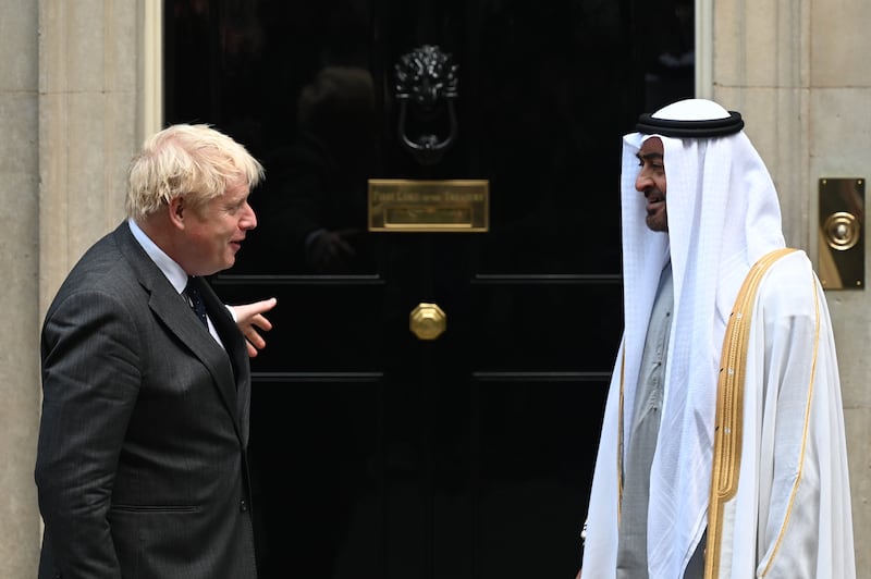 British Prime Minister, Boris Johnson hosts Sheikh Mohamed bin Zayed, Crown Prince of Abu Dhabi and Deputy Supreme Commander of the Armed Forces, at Downing Street yesterday in London. Getty