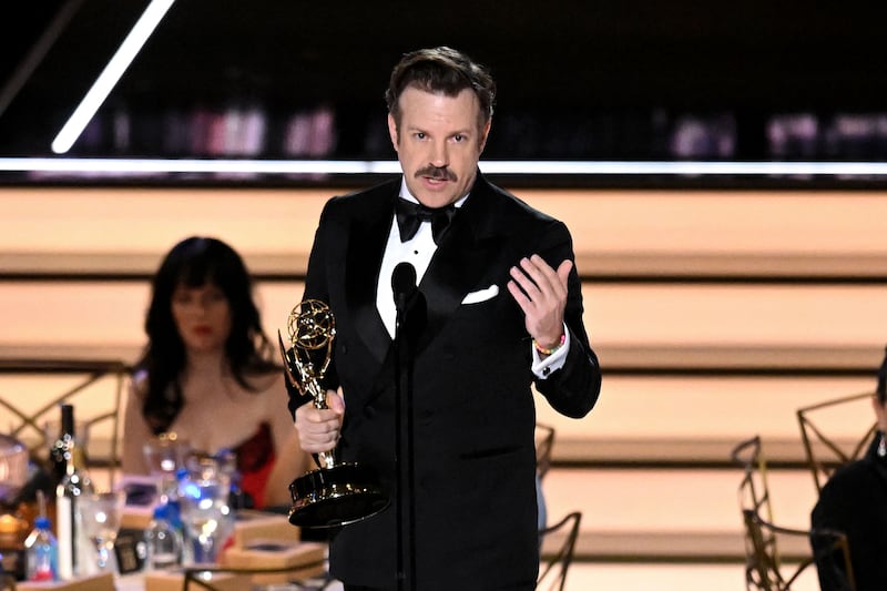 Jason Sudeikis accepts the award for Outstanding Lead Actor In A Comedy Series for 'Ted Lasso'. AFP