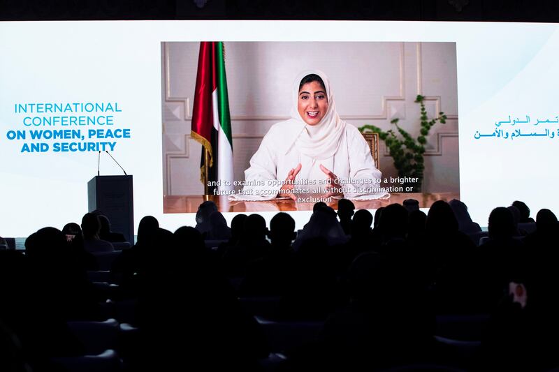 Sheikha Shamma bint Sultan, great-granddaughter of the Founding Father of the UAE, the late Sheikh Zayed bin Sultan Al Nahyan, delivers a speech on behalf of Sheikha Fatima, Mother of the Nation, at the International Conference on Women, Peace and Security in Abu Dhabi. 