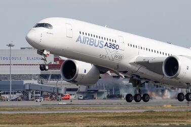 An Airbus A350 takes off at the aircraft builder's headquarters in Colomiers near Toulouse, France. The company on Friday unveiled the carbon footprint of its aircraft. Reuters