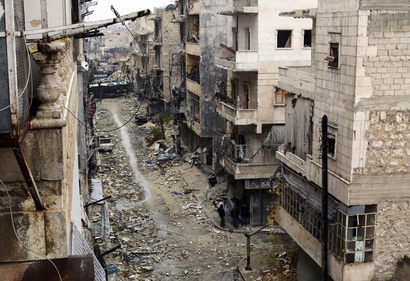 A general view of a damaged street filled with debris in the Karm Al Jabal neighborhood of Aleppo on January 5, 2015. Mahmoud Hebbo/Reuters