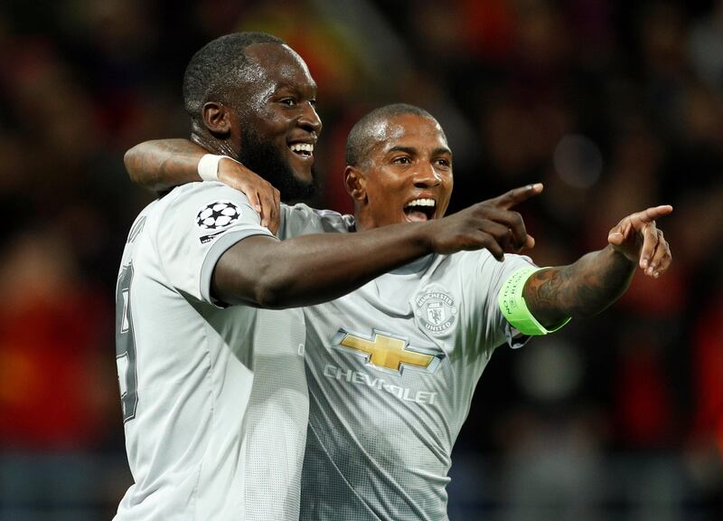 Manchester United's Romelu Lukaku celebrates scoring their third goal with Ashley Young. John Sibley / Reuters