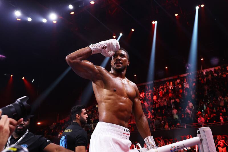 British heavyweight Anthony Joshua celebrates victory over Otto Wallin during Day of Reckoning Fight Night at the Kingdom Arena in Riyadh late night on Saturday, December 23, 2023. Getty Images