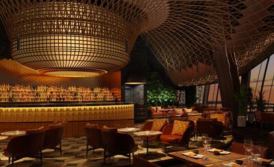 The main dining area of SushiSamba features a 3D-printed ceiling inspired by Japanese and Brazilian woodwork and weaving traditions. Photo: SushiSamba