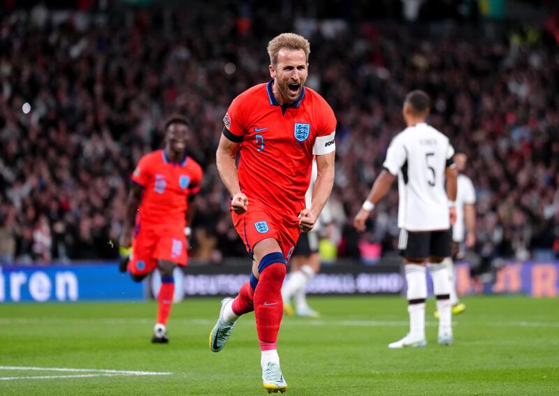 Harry Kane celebrates after putting England 3-2 ahead from the penalty spot. PA