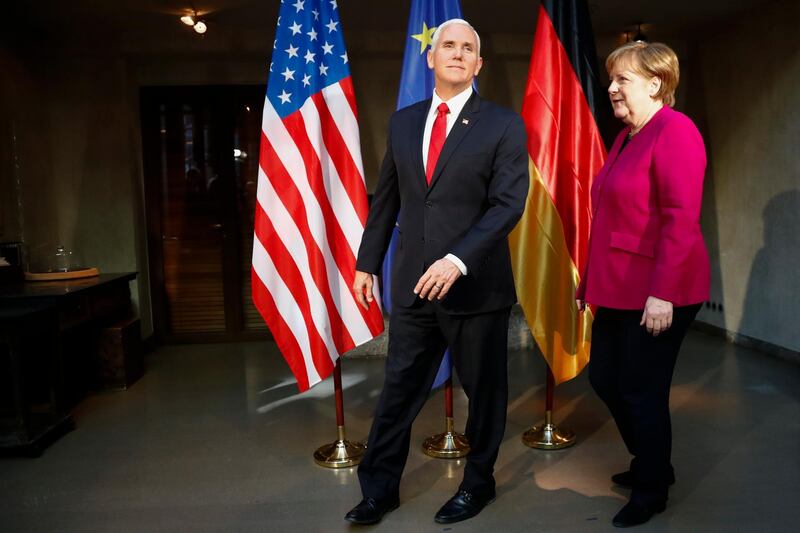 Angela Merkel welcomes Mike Pence for a bilateral meeting. AP Photo