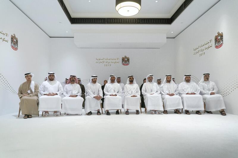 SAADIYAT ISLAND, ABU DHABI, UNITED ARAB EMIRATES - November 25, 2019: HH Sheikh Mohamed bin Zayed Al Nahyan, Crown Prince of Abu Dhabi and Deputy Supreme Commander of the UAE Armed Forces (6th R) and HH Sheikh Mohamed bin Rashid Al Maktoum, Vice-President, Prime Minister of the UAE, Ruler of Dubai and Minister of Defence (5th R), chair a 'UAE Crown Princes' meeting, during the UAE Government annual meeting, at The St Regis Saadiyat Island Resort. Seen with HH Major General Sheikh Khaled bin Mohamed bin Zayed Al Nahyan, Deputy National Security Adviser, member of the Abu Dhabi Executive Council and Chairman of Abu Dhabi Executive Office (R), HH Sheikh Mohamed bin Hamad Al Sharqi, Crown Prince of Fujairah (2nd R), HH Sheikh Mohamed bin Saud bin Saqr Al Qasimi, Crown Prince and Deputy Ruler of Ras Al Khaimah (3rd R), HH Sheikh Sultan bin Mohamed Al Qasimi, Crown Prince of Sharjah (4th R), HH Sheikh Hamdan bin Mohamed Al Maktoum, Crown Prince of Dubai (7th R), HH Sheikh Ammar bin Humaid Al Nuaimi, Crown Prince of Ajman (8th R), HH Sheikh Rashid bin Saud bin Rashid Al Mu'alla, Crown Prince of Umm Al Quwain (9th R) and HH Sheikh Mansour bin Zayed Al Nahyan, UAE Deputy Prime Minister and Minister of Presidential Affairs (L).

( Rashed Al Mansoori / Ministry of Presidential Affairs )
---