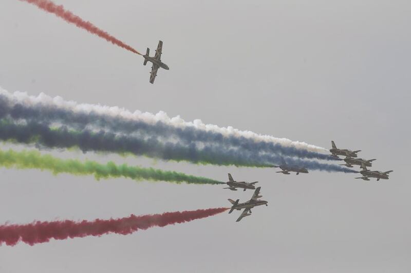 The Al Forsan aerobatic display team during the opening ceremony of the 2017 International Defence Exhibition and Conference. Philip Cheung / Crown Prince Court - Abu Dhabi
