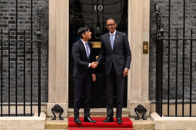 Rwandan President Paul Kagame is greeted by UK Prime Minister Rishi Sunak outside No 10 Downing Street. Getty Images