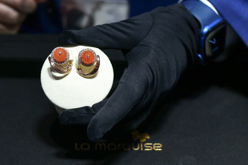 Rose gold earrings with diamonds and semi-precious gemstones from UAE label La Marquise. 