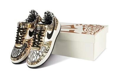 The Nike Air Force 1 'Entourage x Undefeated x Fukijama Gold' sold for $88,200 at a Sotheby's auction. Sotheby's