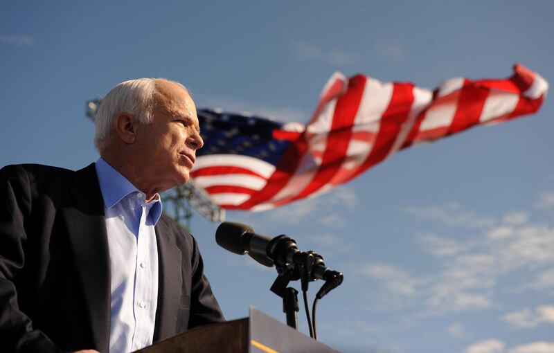 (FILES) In this file photo taken on November 03, 2008 Republican presidential candidate Arizona Sen. John McCain speaks at a campaign rally at Raymond James Stadium in Tampa, Florida. - US senator John McCain, a celebrated war hero known for reaching across the aisle in an increasingly divided America, died August 25, 2018 after losing a battle to brain cancer, his office said. He was 81. "Senator John Sidney McCain III died at 4:28pm on August 25, 2018. With the senator when he passed were his wife Cindy and their family," his office said in a statement. "At his death, he had served the United States of America faithfully for 60 years." (Photo by Robyn BECK / AFP)