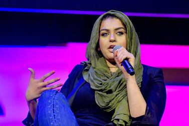 Amani Al Khatahtbeh speaks onstage at Time's Up during the 2018 Tribeca Film Festival. Getty Images