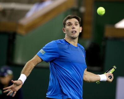 epa06590595 Federico Delbonis of Argentina in action against Ryan Harrison of the USA during the BNP Paribas Open at the Indian Wells Tennis Garden in Indian Wells, California, USA, 08 March 2018.  EPA/PAUL BUCK