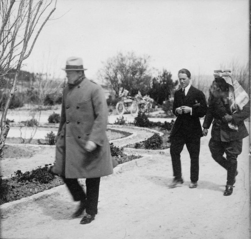 T.E. Lawrence walking with Emir Abdullah in the garden of Government House, Jerusalem, as Winston Churchill walks ahead of them. Courtesy Library of Congress, Prints & Photographs Division