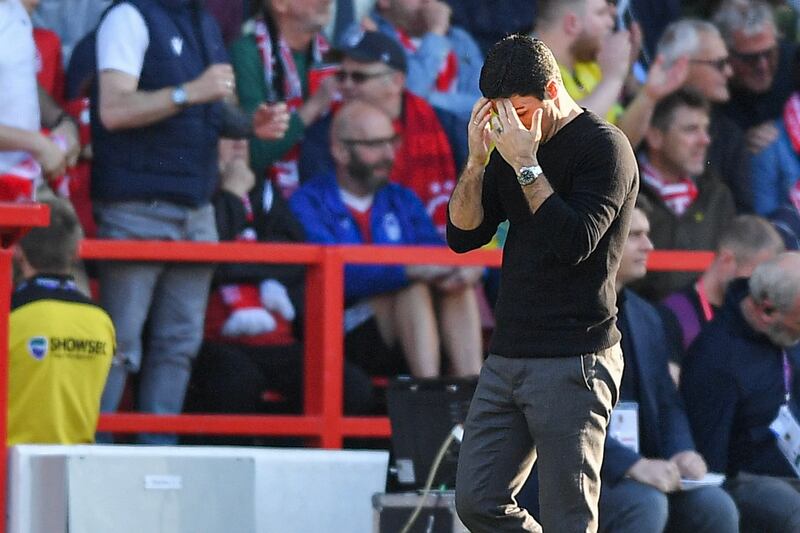 Arsenal manager Mikel Arteta reacts during the English Premier League match against Nottingham Forest at the City Ground, 20 May 2023. Arsenal lost the match 1-0 to hand Manchester City the Premier League title. EPA