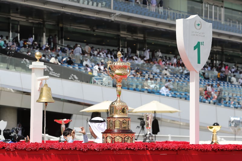 Trophies on display at Meydan Racecourse in Dubai. Pawan Singh / The National