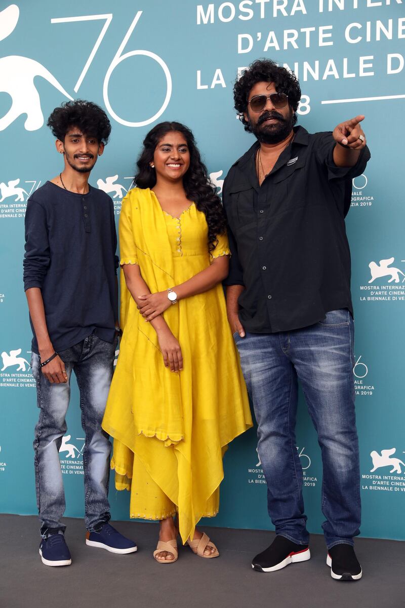 Akhil Viswanath, Nimisha Sajayan and Joju George attend the 'Chola' photocall during the 76th Venice Film Festival on September 2, 2019. Getty
