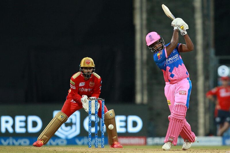 Sanju Samson captain of Rajasthan Royals plays a shot  during match 4 of the Vivo Indian Premier League 2021 between Rajasthan Royals and the Punjab Kings held at the Wankhede Stadium Mumbai on the 12th April 2021.

Photo by Rahul Gulati/ Sportzpics for IPL